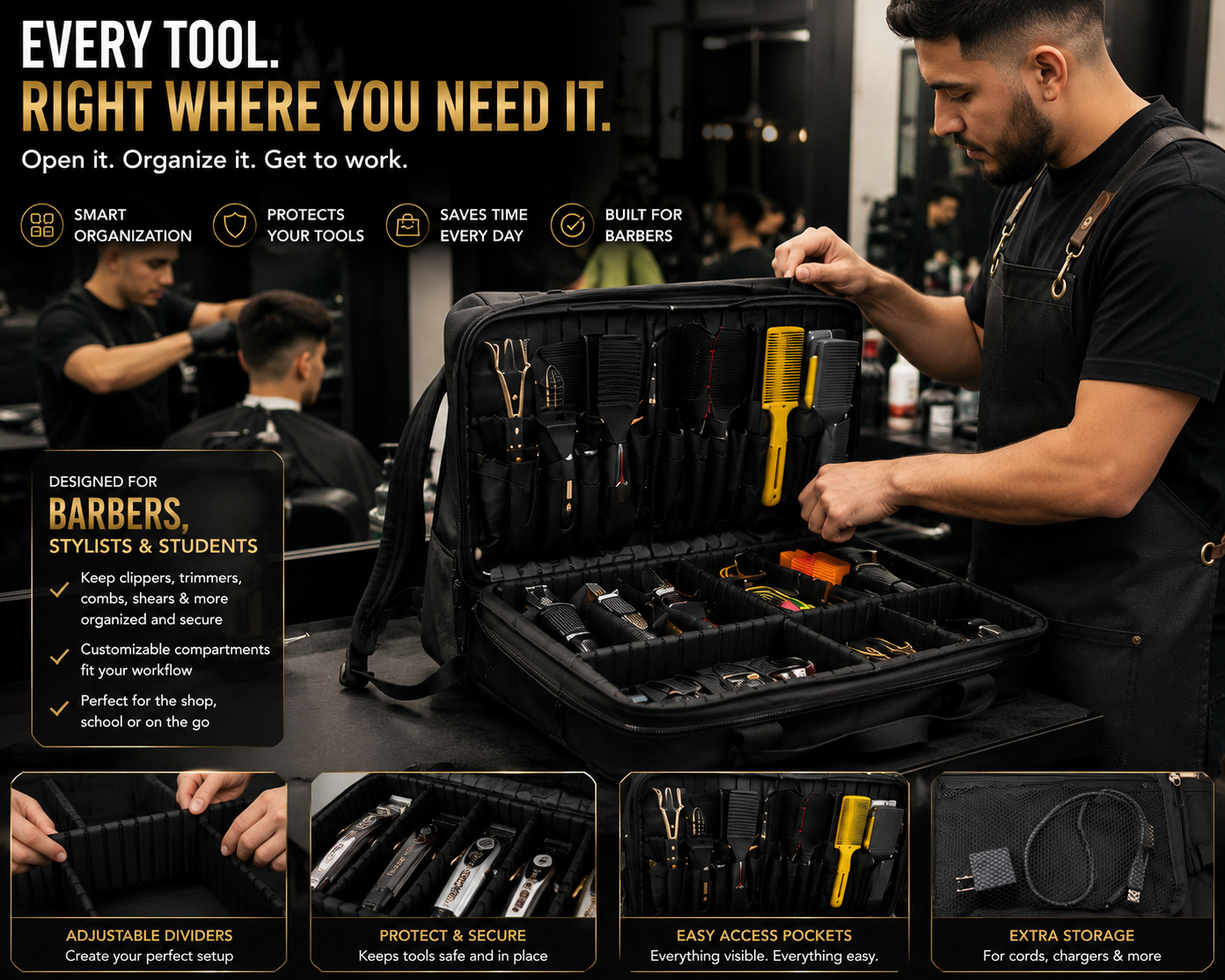 Editorial layout of the RLou Professional Barber Backpack open on a counter with organized clippers, combs and shears alongside callouts for adjustable dividers, easy access pockets and extra storage
