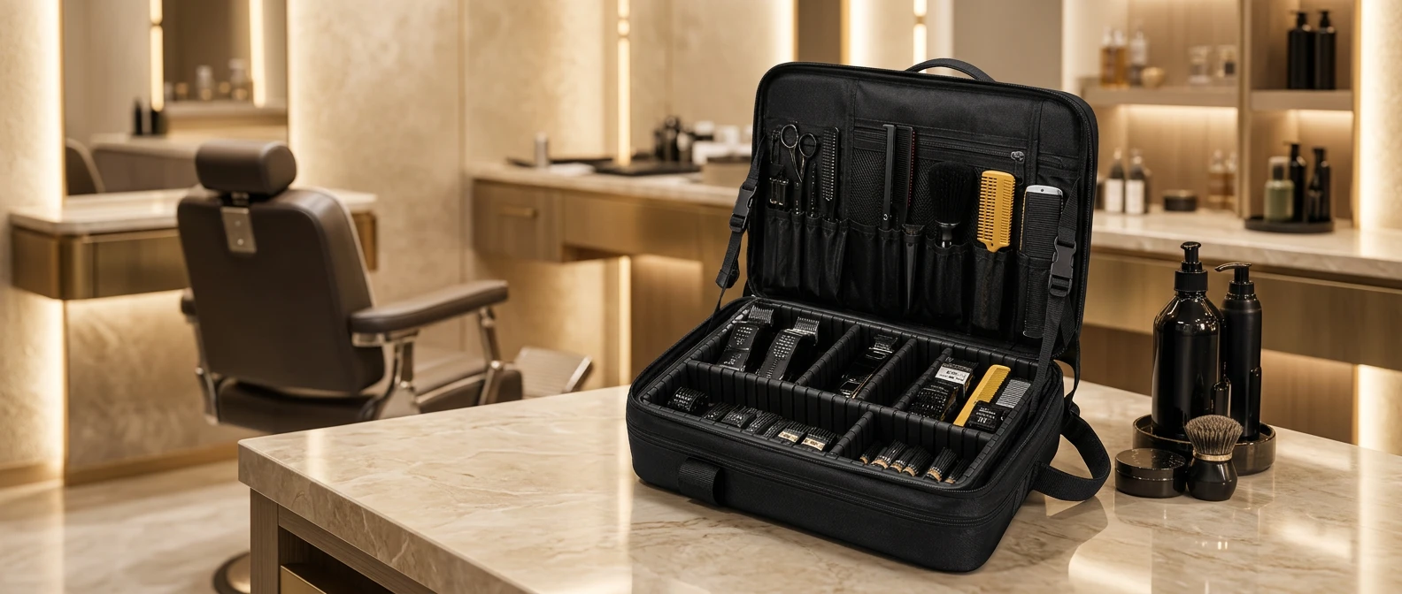 RLou Professional Barber Backpack opened on a dark counter beside a barber chair, showing organized tool compartments