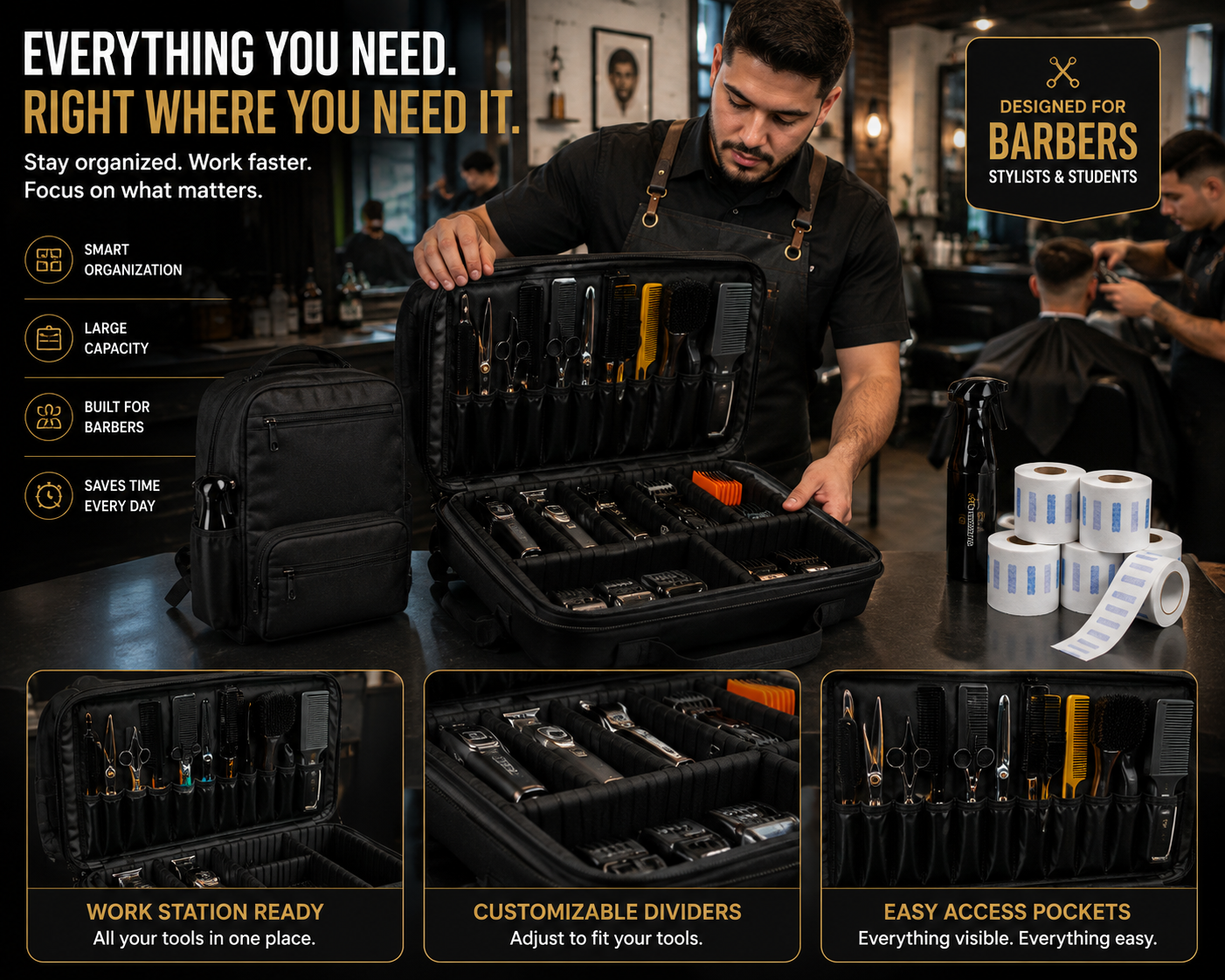 Editorial layout of the RLou Professional Barber Backpack shown closed and open, highlighting smart organization, large capacity, customizable dividers and easy access pockets