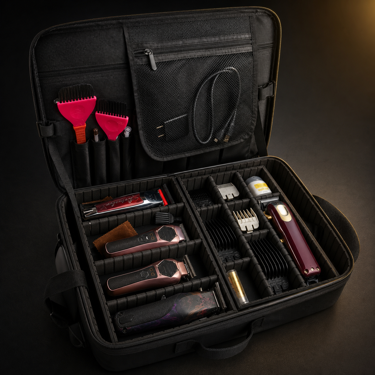 Large-capacity view of the RLou Professional Barber Backpack filled with barbering tools arranged neatly in compartments