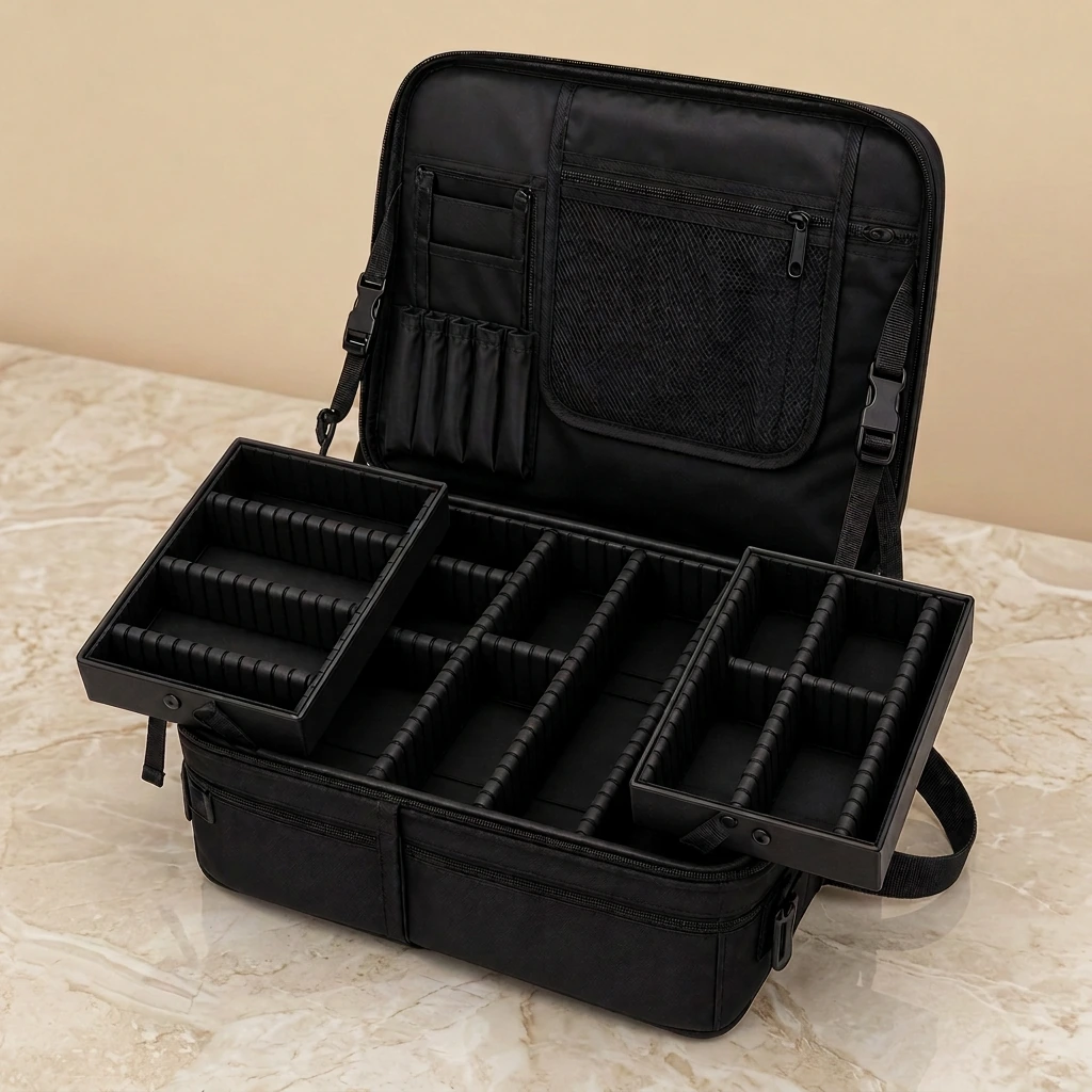Interior view of the RLou Professional Barber Backpack showing removable dividers, mesh pocket and elastic tool loops